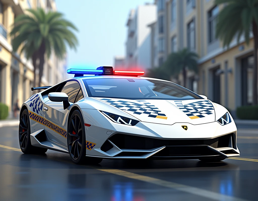 Lamborghini white car, siren blue red. Chequered Flag blue yellow stripe on the lower door." Police Diraja Malaysia "stripe on the car.