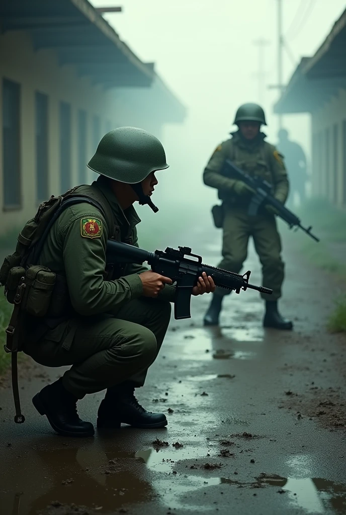 Wide angle, showing two characters. One soldier on the left the other on the left. The left is crouched, holing gun. The soldier on the right is farther behind.(only his sillhoute shown. Let them both face towards the screen. Make the character on the left to right.