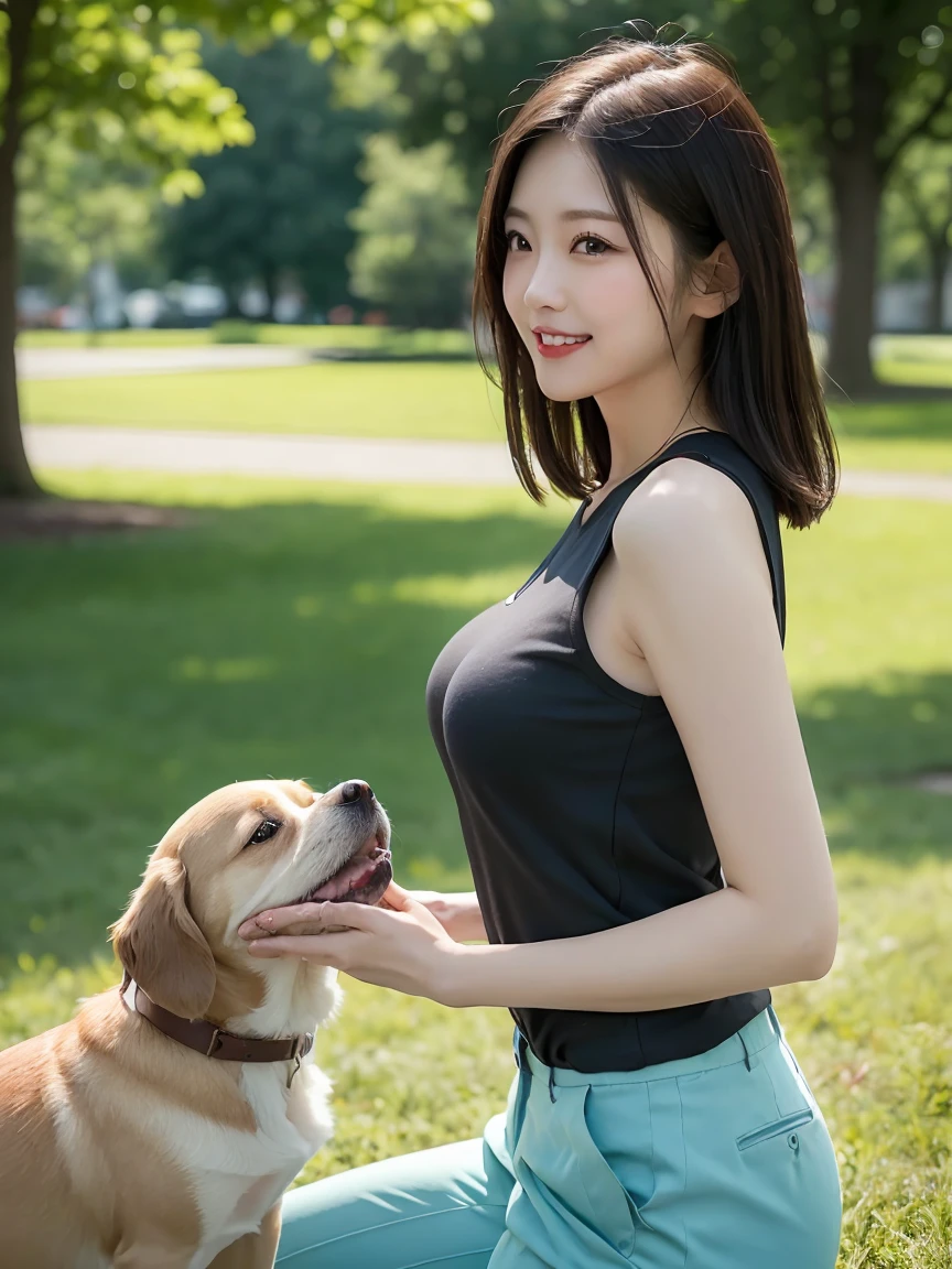 Tabletop, Highest quality, Realistic, In detail, High resolution, 8k wallpaper, Perfect dynamic composition, Beautiful attention to detail, (Biologically Correct Limbs, refer, nail), short hair, Shiny Hair, Big ample breasts ,Touching her chest, Random Pause、(retro color, Cute Sleeveless T-Shirts, Cute Chino Pants)、Cute Pumps, (Breast bulge:1.3)、Laughter、(Park scenery、Grass), sunny, Sitting, , 2, only, (Droopy eyes)、Adult Beauty、Japanese women、(dogと散歩, dog, Chihuahua, 小型dog), dogを見て, Side view,