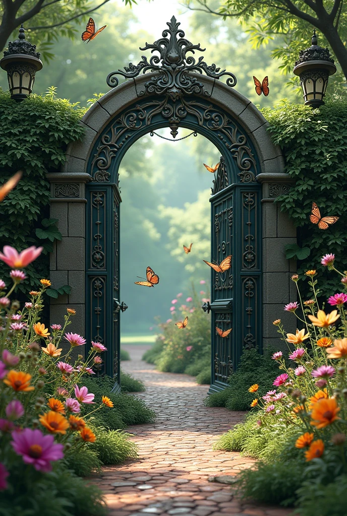 A secret garden, with a very beautiful gate, flowers and butterflies