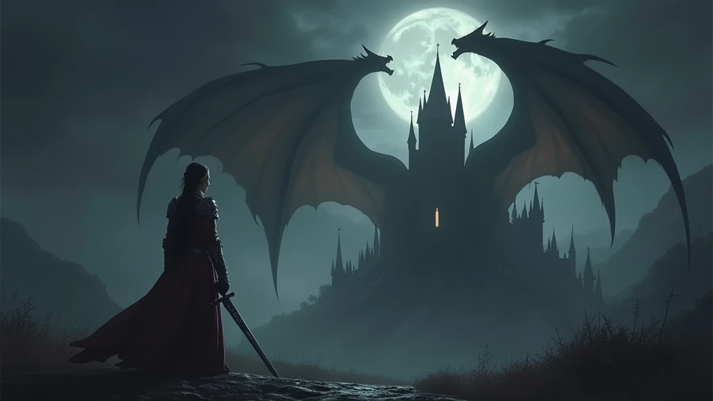 Dark atmosphere, distant view from left behind, moon light, woman wearing armor, holding a sword, epic gothic medieval castle on the right, epic gigantic shadow of dragon's wings behind the castle in both side, dark fantasy art, epic landscape, master piece, highly detailed castle,