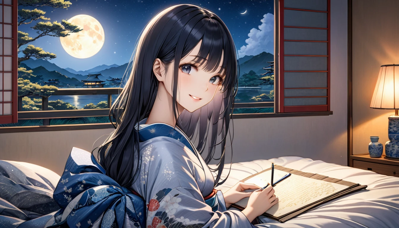 anime, A beautiful young Japanese woman with long black hair, soft moonlight illuminating her face, The background has a summery atmosphere, cozy bedroom setting, romantic and tranquil atmosphere, photorealistic, Highly detailed Ukiyo-e, Japanese painting, woodblock print, anime, manga, comics, figure, Beautiful woman, Wearing colorful open-necked kimonos, 窓からnight空,Staring dreamily at a love letter、The soft moonlight illuminates her face、Cozy bedroom setting、Romantic and tranquil atmosphere、Photorealistic、Very detailed,smile,night