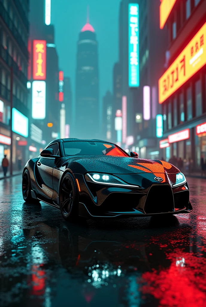Black toyota supra mk4  in cyberpunk neon city with teal and orange neon lights and rain 