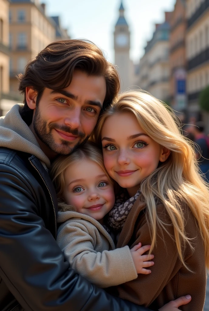  blonde  8 year e eyes hugging her father dark brown hair and brown eyes and her mother blonde green eyes long hair in london city  8k ultra realistic photorealistic 