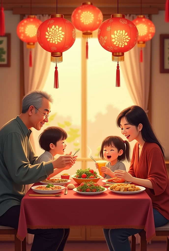 Mid-Autumn Festival. The family consists of grandparents, parents and two children sitting around the table eating dinner together.. There are mid-autumn lanterns hanging high around..