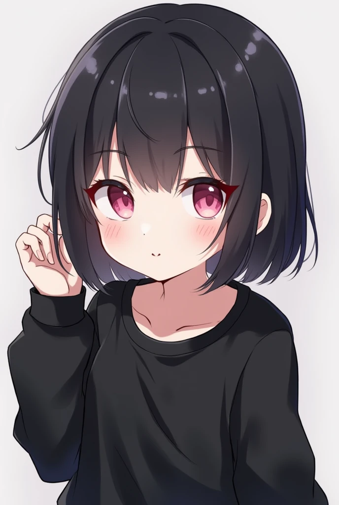 cute character with medium black hair and bangs, white skin and black sweatshirt and pink eyes, anime style for profile picture
