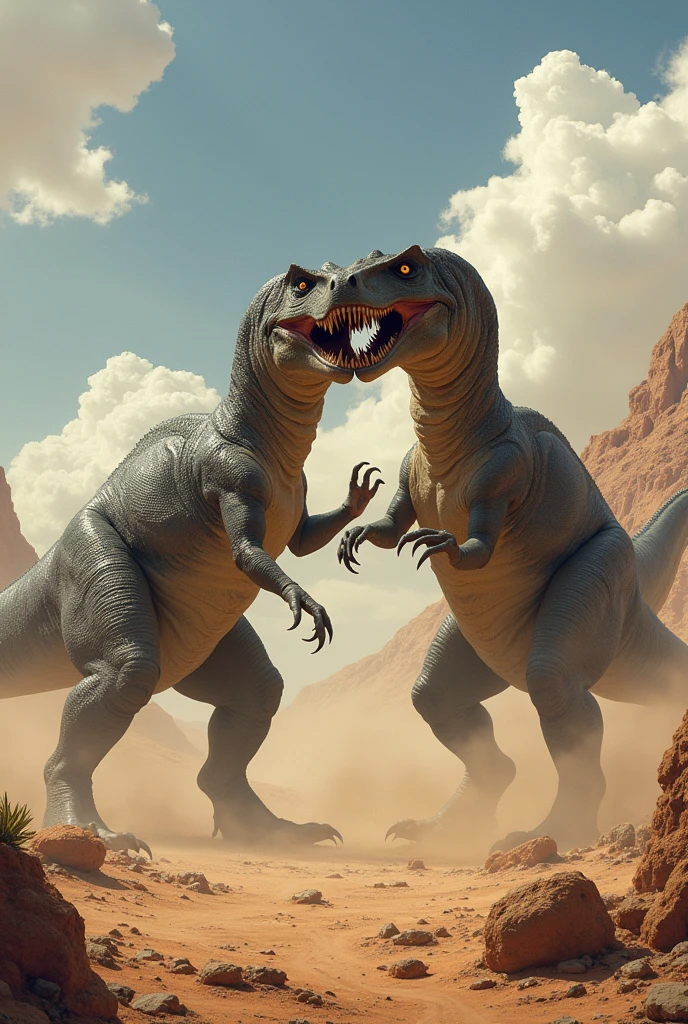 two dinosaures are fighting in the desert with each other, realistic paléoart, paléoart, image jurassique, Art conceptuel de l'atelier Weta, inspiré par Bob Eggleton, dragons ultraterrestres, bataille cinématographique, dinosaures and godzilla, reptoïdes, dinosaures, Weta Disney Film Photo fixe, at the time of dinosaures, Bataille de Kaiju