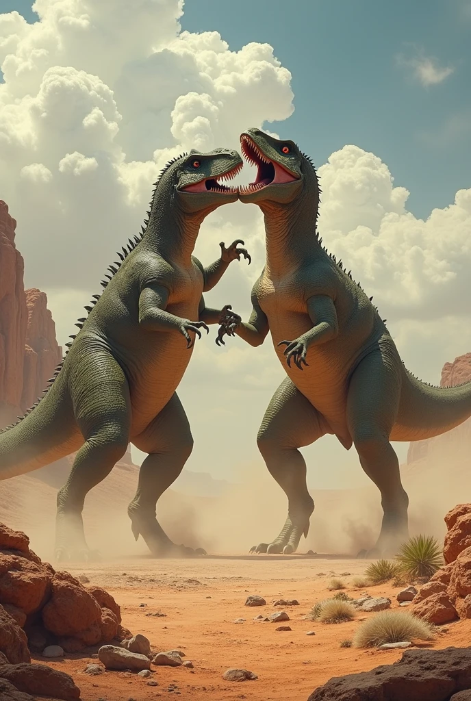two dinosaures are fighting in the desert with each other, realistic paléoart, paléoart, image jurassique, Art conceptuel de l'atelier Weta, inspiré par Bob Eggleton, dragons ultraterrestres, bataille cinématographique, dinosaures and godzilla, reptoïdes, dinosaures, Weta Disney Film Photo fixe, at the time of dinosaures, Bataille de Kaiju
