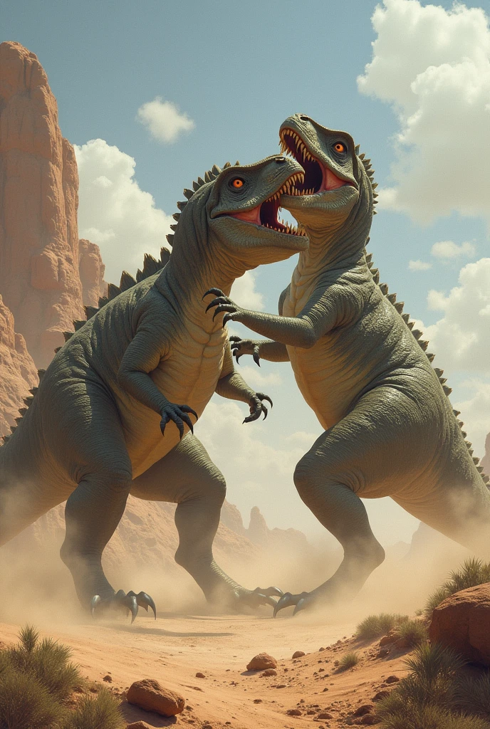 two dinosaures are fighting in the desert with each other, realistic paléoart, paléoart, image jurassique, Art conceptuel de l&#39;atelier Weta, inspiré par Bob Eggleton, dragons ultraterrestres, bataille cinématographique, dinosaures and godzilla, reptoïdes, dinosaures, Weta Disney Film Photo fixe, at the time of dinosaures, Bataille de Kaiju