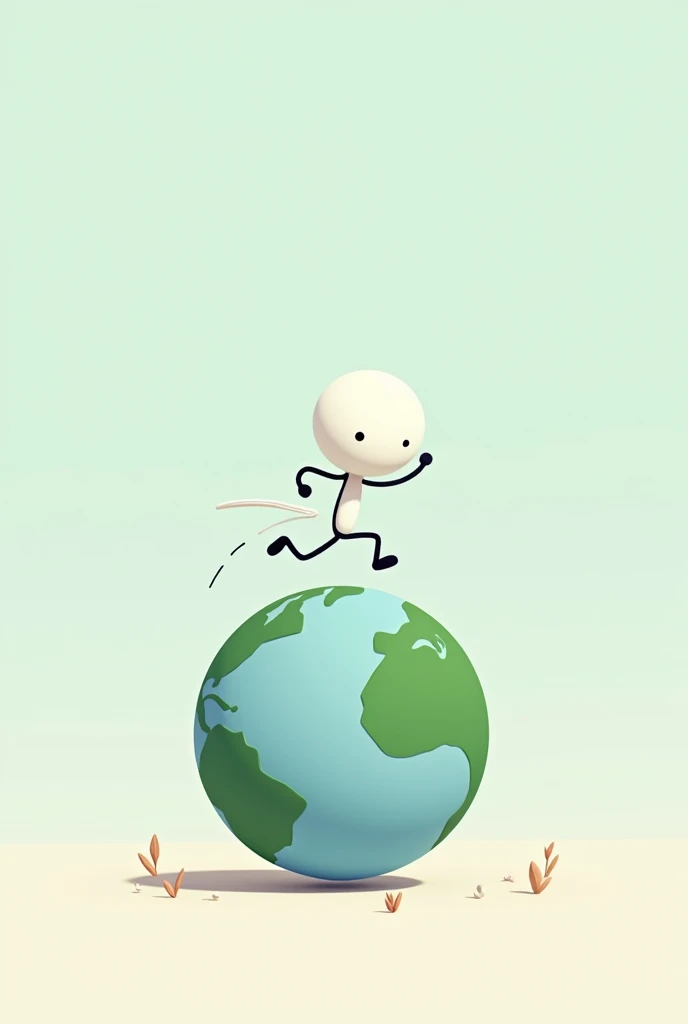 A stick figure in white running around the earth as if it were very small. Please in 2d and see the earth completely