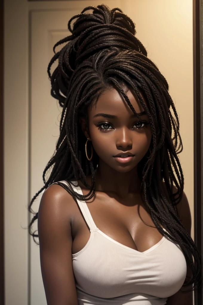 cute hair, chocolate skin, teenager, beautiful face, deep ebony, showing big breasts, SFW, upper body focus, Irish bright beauty 