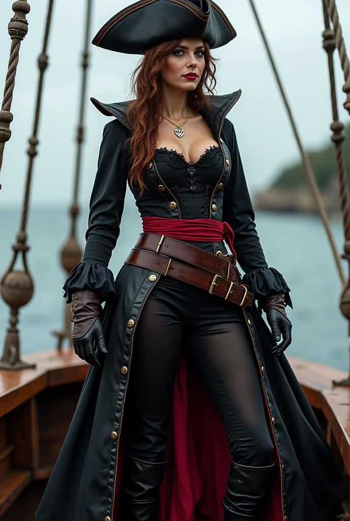 black widow full body pirate costume, standing on the boat