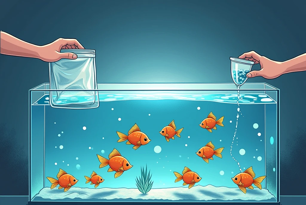 step by step instructions pictograms: Panel 1: Image description: An aquarium with glowing light, next to it a hand, holding a closed transport bag with fish. Panel 2: Image description: The bag floats in the aquarium, while the fish are calm inside. Panel 3: Image description: A hand carefully opens the bag, the edge is slightly rolled up. One of the fish looks out. Panel 4: Image description: A hand scoops water from the aquarium into the opened bag with a small cup. Panel 5: Image description: The bag is almost full of water. The fish swim relaxed. Panel 6: Image description: A hand holds a landing net and catches the fish from the bag, to put them in the aquarium. Panel 7: Image description: The empty bag is emptied over a sink, the water runs away.