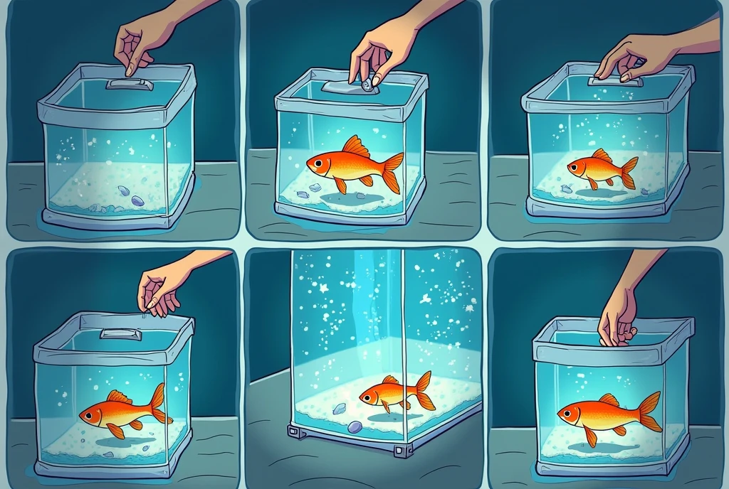 step by step instructions pictograms: Panel 1: Image description: An aquarium with glowing light, next to it a hand, holding a closed transport bag with fish. Panel 2: Image description: The bag floats in the aquarium, while the fish are calm inside. Panel 3: Image description: A hand carefully opens the bag, the edge is slightly rolled up. One of the fish looks out. Panel 4: Image description: A hand scoops water from the aquarium into the opened bag with a small cup. Panel 5: Image description: The bag is almost full of water. The fish swim relaxed. Panel 6: Image description: A hand holds a landing net and catches the fish from the bag, to put them in the aquarium. Panel 7: Image description: The empty bag is emptied over a sink, the water runs away.