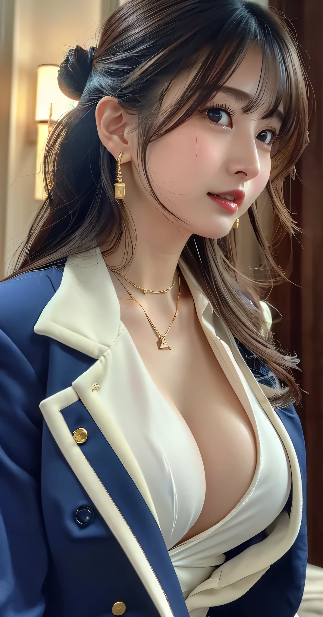 (8k,RAW Photos,Like the picture:1.45),masterpiece,Highest quality,wonderful,(セクシーなMature Woman:1),(Mature Woman:1.3), (4 woman.1.3)、(((very, very大きい)))、(((Extremely lewd and very huge boobs)))、(((Very deep cleavage)))、Hyper Real、In the lounge of a luxury hotel、A beautiful and dignified smile、Beautiful white skin、Beautiful, delicate and precise skin texture、Long, fluffy, beautiful brown hair in an updo、Beautiful Japanese Women、(Big Ass)、Thick thighs、Bright red lips、Gold earrings、Gold bracelet、Gold Necklace、{Royal Blue Suit(White blouse)},