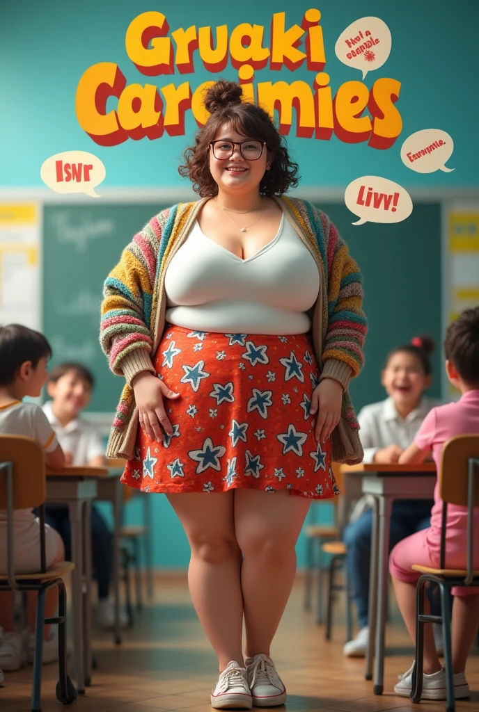 Real women, she is Blonde with short hair, she has an hourglass figure, she has a surreal, hentai-like physique, with exaggerated curves that showcase large buttocks and voluminous breasts.
Comedy movie poster featuring a charismatic woman in the role of an eccentric teacher, with a huge bosom that commands attention. She has curly brown hair, styled in a messy bun, with a few strands escaping. Her bright smile and the glasses on her nose add a touch of charm. She wears a colorful cardigan over a fitted white blouse, showing off her figure, with a playfully patterned skirt and comfortable shoes. In the background, a lively classroom with students laughing and having fun. The film's title is written in bright, dynamic letters, surrounded by humorous dialogue bubbles, suggesting an adventure full of laughter and unexpected lessons.