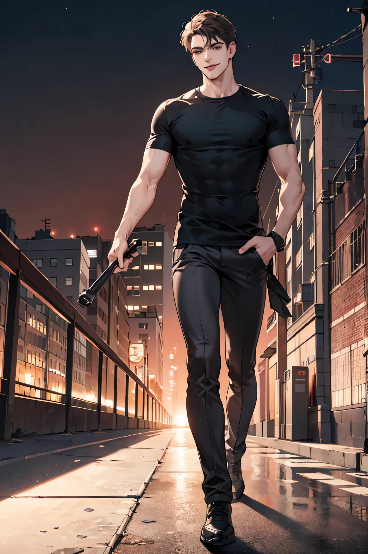 Young bad man,(Full body portrait:1.5),(best quality, masterpiece, 8K, Reality, Movie Lighting, 1:4 hdr images, Extremely detailed, Beautiful images)),(Extremely detailed CG unified 8k wallpaper),(masterpiece, High resolution,Very detailed:1.0),2 is handsome, ((Evil smile expression)), Black short hair, Brown eyes,Perfect body,(Black T-shirt),One foot in front and one foot behind, walk forward,dusk,Red hue,Solid color background,Modern City