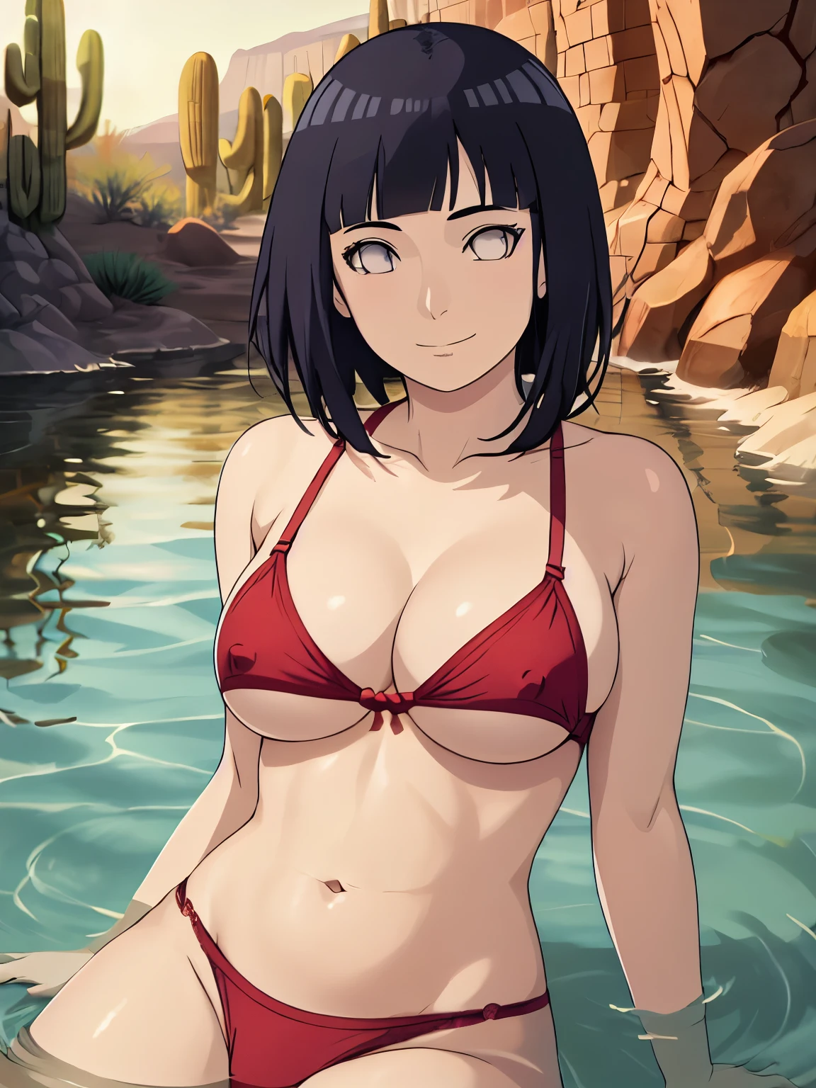 (hinata\(boruto\), (high quality:1.8), upper body:1.5, (curvy body:1.5), (ultra detailed body:1.4), (desert:1.7), (desert:1.7), (anime, tall woman, cowboy shot, ((arm curves:1.0), (defined biceps arms:1.2), (body submerged:1.2), ((red thong, perky nipples, bare arms, bare arms, bare shoulders)), (red bra:1.2), (wide shoulders, off-shoulders), smile), (big breasts:0.9) ,(cleavage:0.8), closed mouth), ((pale skin)). ((dark blue:1.3, short hair, hime cut، loose hair, floating hair, floating hair:1.0),
