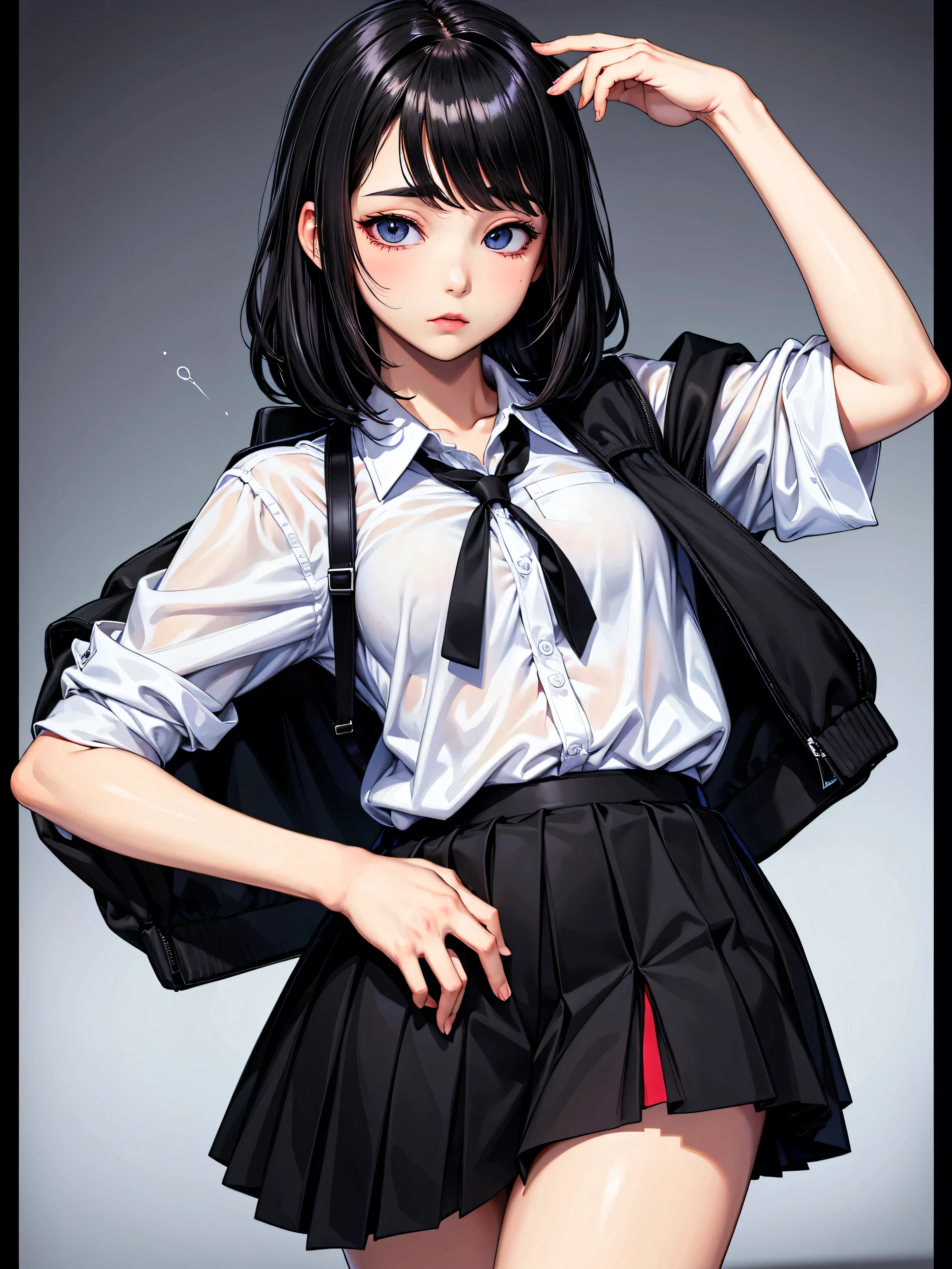 (Name: Leiliza Queen), Pretty, Long Hair,(Careless Expression), School uniform, Perfect Beautiful Eyes, ((Short Black Haired)), Sleepy Eyes