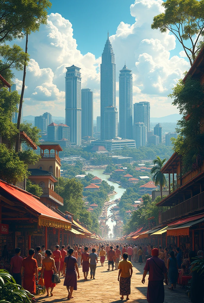 tall skyscraper or a bustling city skyline, along with images of people working together, celebrating their culture, and enjoying the beauty of the country. It will showcase the prosperous and vibrant Indonesia that you envision.