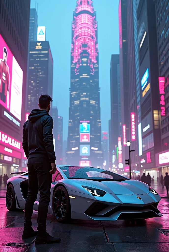 A Lamborghini Owner seeing His Lamborghini In The middle of Cyber Punk City With Biggest Skyscraper With neon light in background