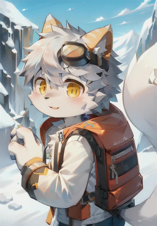 Snow mountain background,down jacket,White male cat,boy,cute,Q version,Goggles,Big furry tail,Hairy pads,Mountaineering,Golden Eyes,Silver hair,Detailed background,Mountaineering镐,Backpack