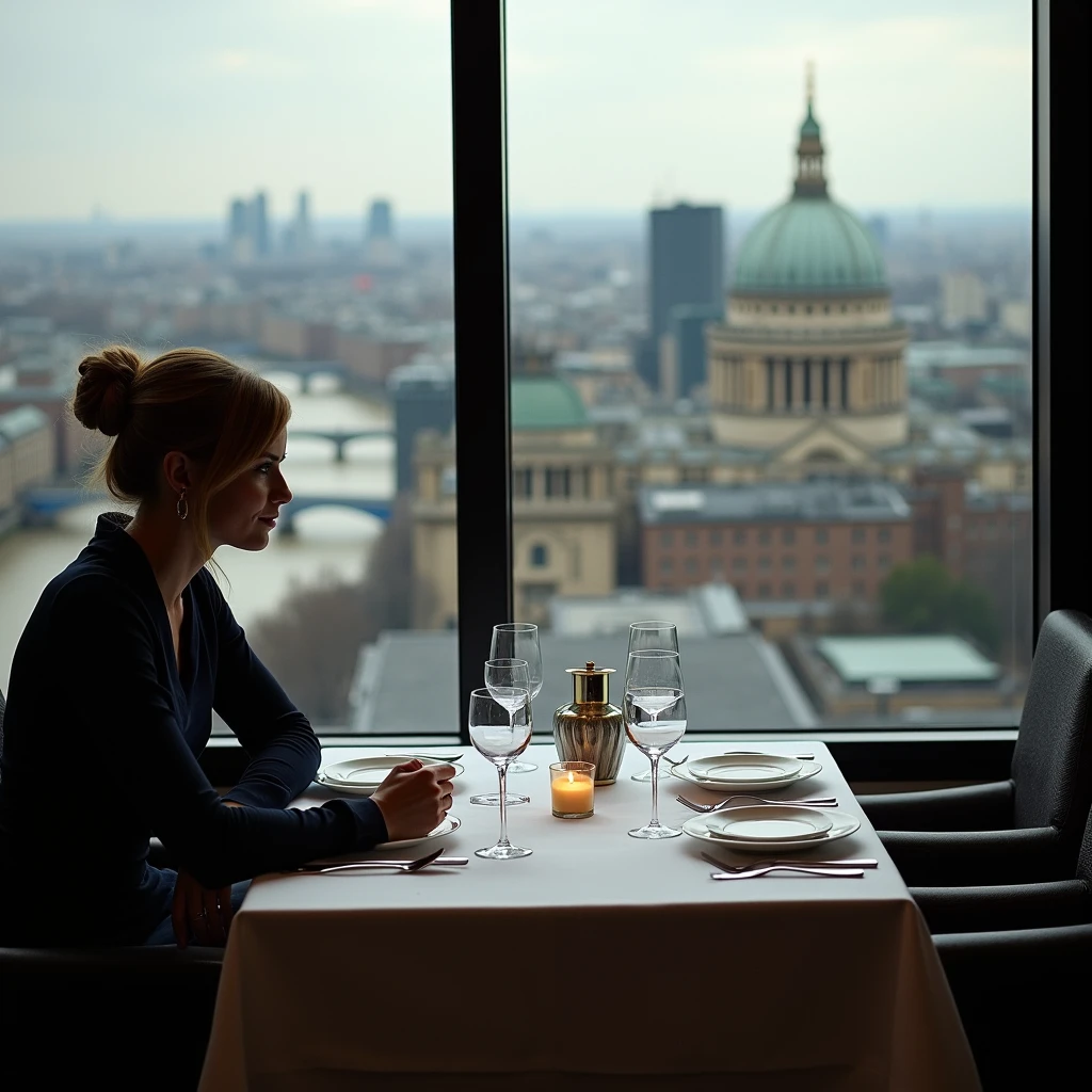 Subject: Lady dining alone with London view,
Creative descriptions: elegant table setting, iconic London backdrop, solitary diner,
Environment: scenic cityscape from a high-rise window, dinner table with city view,
Mood/atmosphere: contemplative, urban solitude, sophisticated dining,
Artistic medium/techniques: self-portrait photography excluding face, capturing city view,
Artists/illustrators: Self-Portrait Photography, Cityscape Views, Table setting details,
Camera settings: Focus on capturing the ambiance of dining alone with a London view, avoiding the face in self-portrait shots.