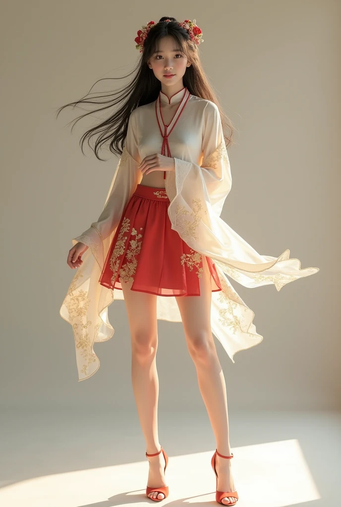 The Girl Next Door,,beautiful girl,Hanfu mini skirt,whole body,high heels
