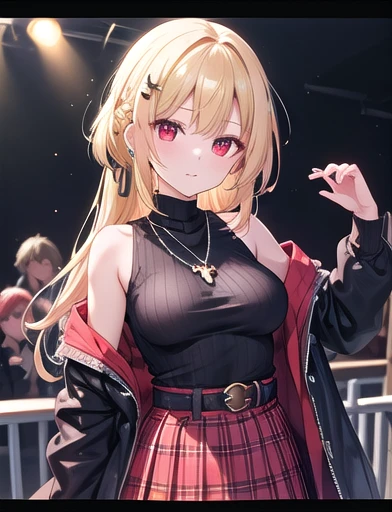 One person, chest, skirt, 一人in, Plaid, red_eye, just_shoulders, length_hair, blonde_hair, Plaid_skirt, Looking_in_Audience, big_chest, jewelry, No sleeve, Jacket, turtleneck, Closed_mouth, red面, sweiner, nail_Grinding, 前hair, length_sleeve, Ribbed_sweiner, belt, No sleeve_turtleneck, necklace, Eyebrow_appear_Through_hair, Braiding, hand_superior, ribbon, white_sweiner, off_shoulder, Side Lock, hair_ribbon, high waist_skirt, masterpiece, Highest quality,Highest quality, High resolution, original, Highly detailed wallpaper,bigchest