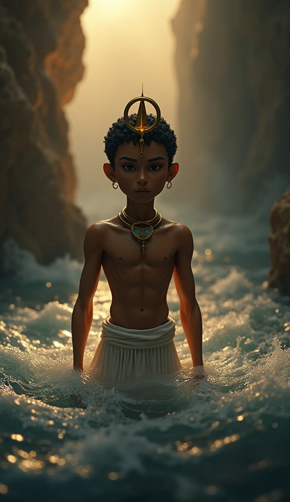 Depict Atum emerging from the chaotic waters of Nun in Egyptian mythology. Atum is a male figure, around 4, with smooth golden-brown skin and piercing dark amber eyes. His hair is short, curly, and black, with hints of gray. His face reflects wisdom and solitude, with sharp features and a strong jawline. Atum is adorned in a simple white kilt and a golden crown, his skin glowing faintly in the dim light. The background features the chaotic, dark waters of Nun swirling around him, with the first light breaking through the darkness. Use masterpiece, best quality, CG, wallpaper, HDR, high quality, ultra detailed face, cinematic, high detail, 8k, raw, high, artstation HQ, unreal engine, octane renderer, 4k resolution, hyperrealistic, highly detailed, and absurdres settings