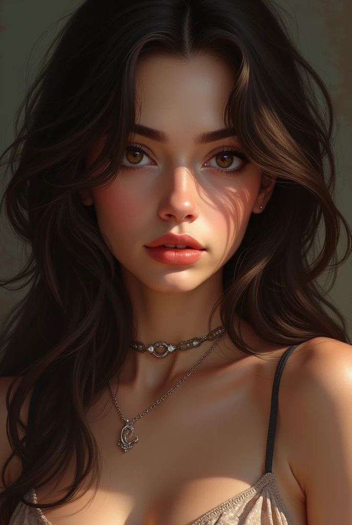 Model 40 years old, [[[[close-up]]]], [[[[chest]]]], [[[[neck]]]], [[[[shoulders]]]], 8k, photorealistic, brown eyes, perfect iris, perfect lips, perfect teeth, soft front light, glow, HDR, (muted colors: 1.2), dress with spaghetti straps, shoulder length black hair --auto --s2
