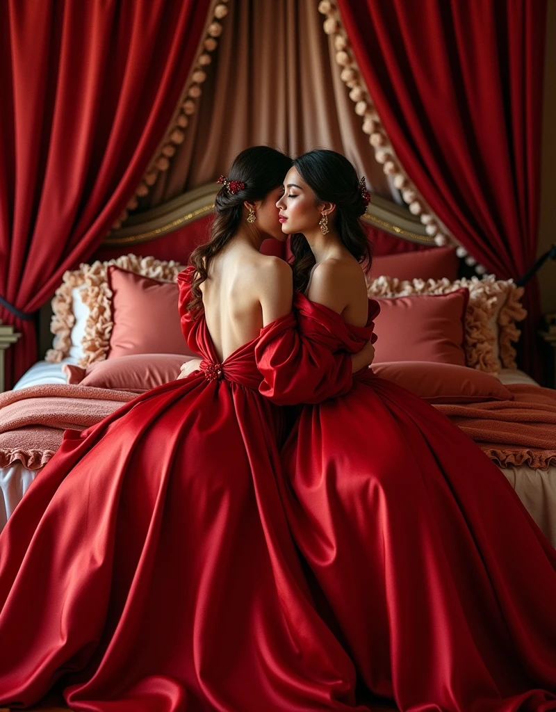 highest quality, masterpiece, highest resolution, artwork, super それにget used to it, many get used to it, get used to it, それにget used to it, romantic, two woman, kissing in the bed,((red satin elegant dresses)),red satin evening dresses, ((Gorgeous queen rococo robe satin dress with voluminous full-length hoop skirt)),long sleeve,long dress,A dress with full silk fabric...,luxury,((Palace full red bedroom)),((huge satin bed)),Frilled silk red bedspread,many pillows on the bed,fluffy pillow with frills,two woman is kissing on the bed,luxurious ruffled red curtains