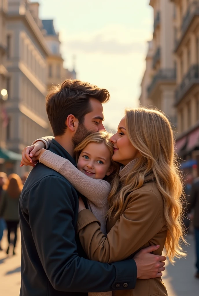  blonde  8 year e eyes hugging her father medium brown hair and brown eyes and her mother blonde green eyes long hair in london city  8k ultra realistic photorealistic 