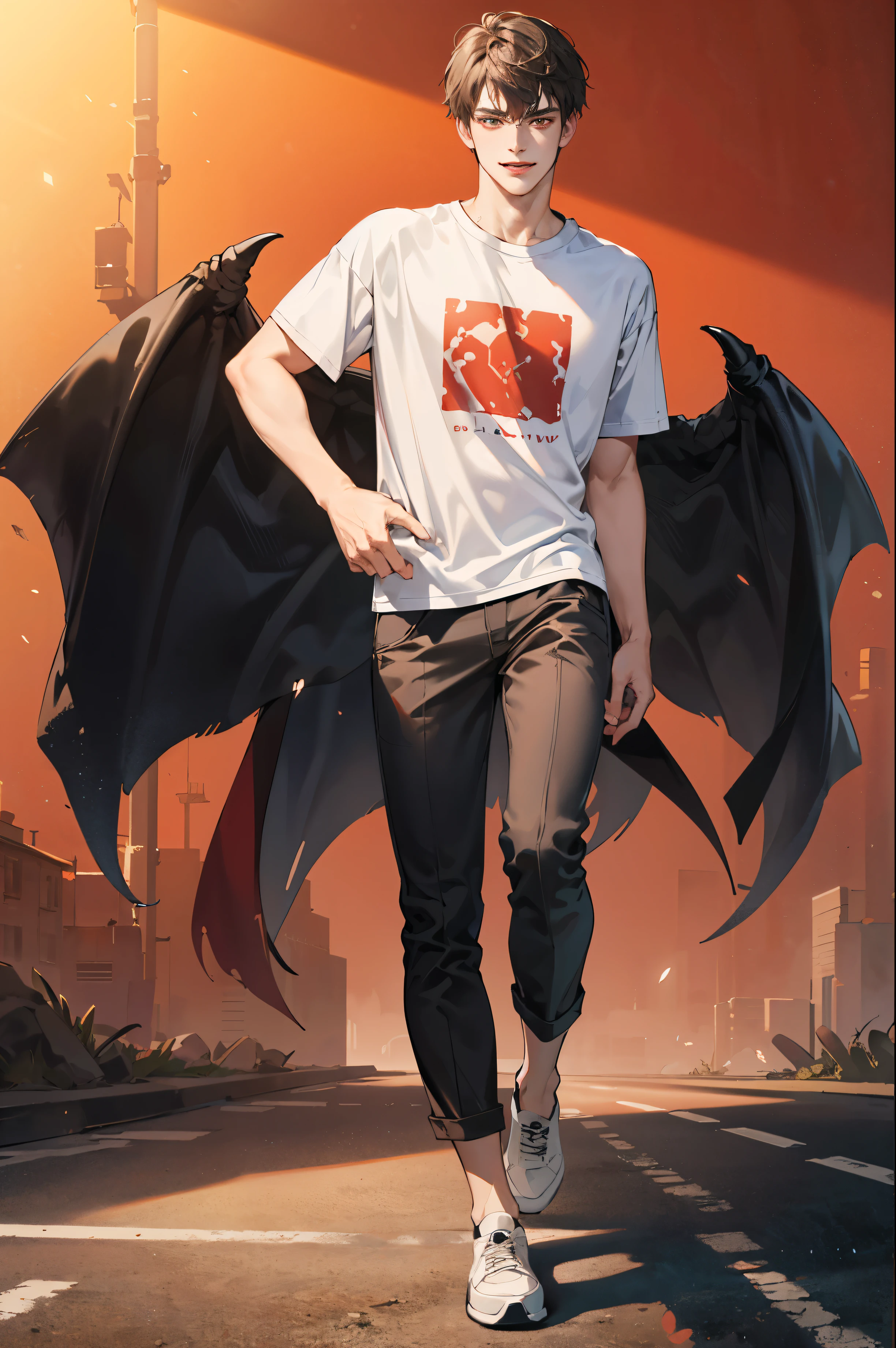 Young bad man，（Full body portrait：1.5），(best quality, masterpiece, 8K, Reality, Movie Lighting, 1:4 hdr images, Extremely detailed, Beautiful images)），(Extremely detailed CG unified 8k wallpaper),(masterpiece, High resolution,Very detailed:1.0)，2 is handsome, ((Evil smile expression)), Black short hair, Brown eyes,Perfect body，（t-shirt），One foot in front and one foot behind, walk forward，dusk，Red hue，Solid color background