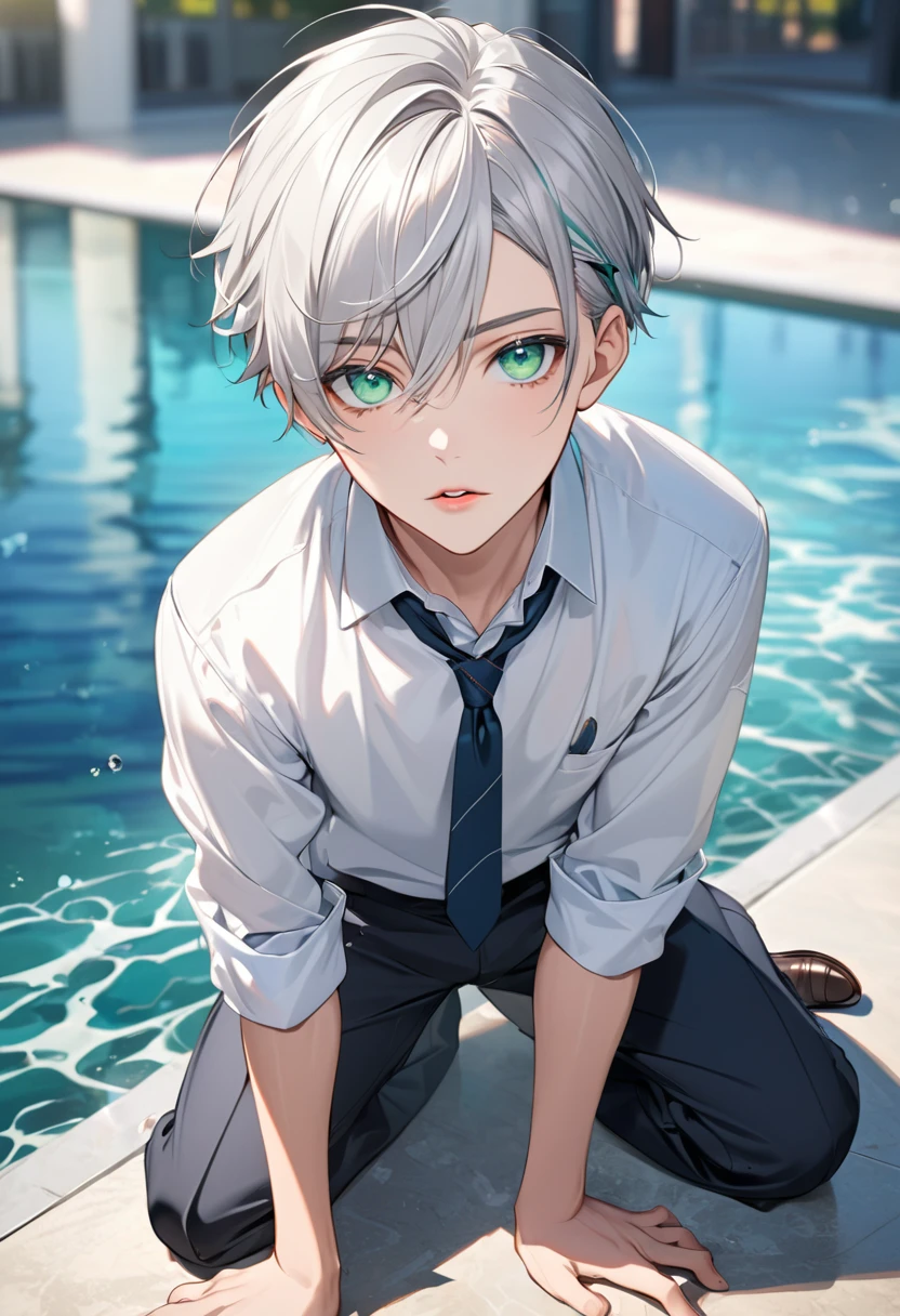 High quality, detailed, full body, detailed background, casual pose, young boy, high school boy, Silver hair, Transparent sea green eyes, intense gaze, alluring, looking at the camera, highlights, detailed eyes, parted lips, detailed lips, Short silver hair, hair streaks, beautiful boy, perfect face, wearing a prestigious school uniform,
