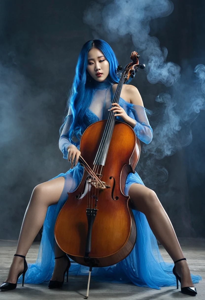 (Nigerian-Korean woman)+++, 2, sitting playing a cello, cello between her legs, provocative pose, (ethereal appearance)+++, beautiful model, busty, wearing transparent clothes, long blue hair, (smoke effect)+, highly detailed, surreal photo, photorealistic, cinematic, 8k