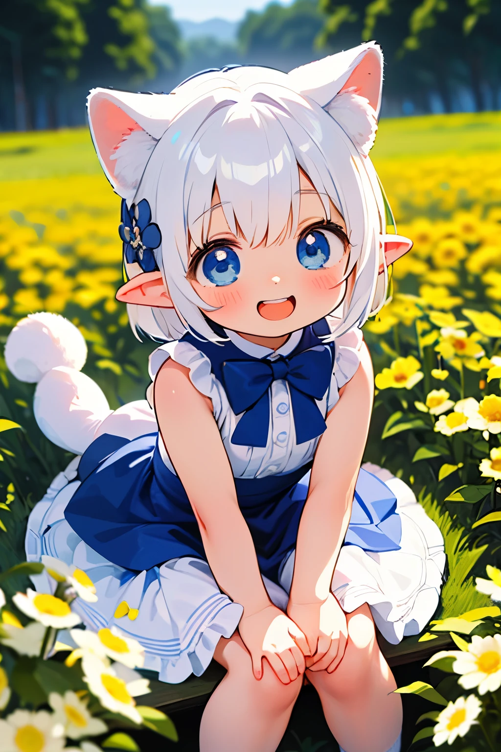 anime、pastel、Cute Asian Kid、、、Very short、Baby Face、Lith your mouth open、Happy smile、Showing teeth、Double teeth、Indigo and white hair color、Braided Short、Flower Hair Ornaments、Small animal ears、drooping ears、Fluffy animal tails、azure blue eyes、Odd Eye、Cute eyes、Wide open eyes、Light in your eyes、Cheeky cheeks、Pure white dress、Floral Skirt、Skirts with ruffles、Put your arm out、Put your feet up、Plump thighs、Cute Girlfriend、happy、really like、Frolic innocently、Heart on screen、Pear-shaped、lunch time、Flower Field