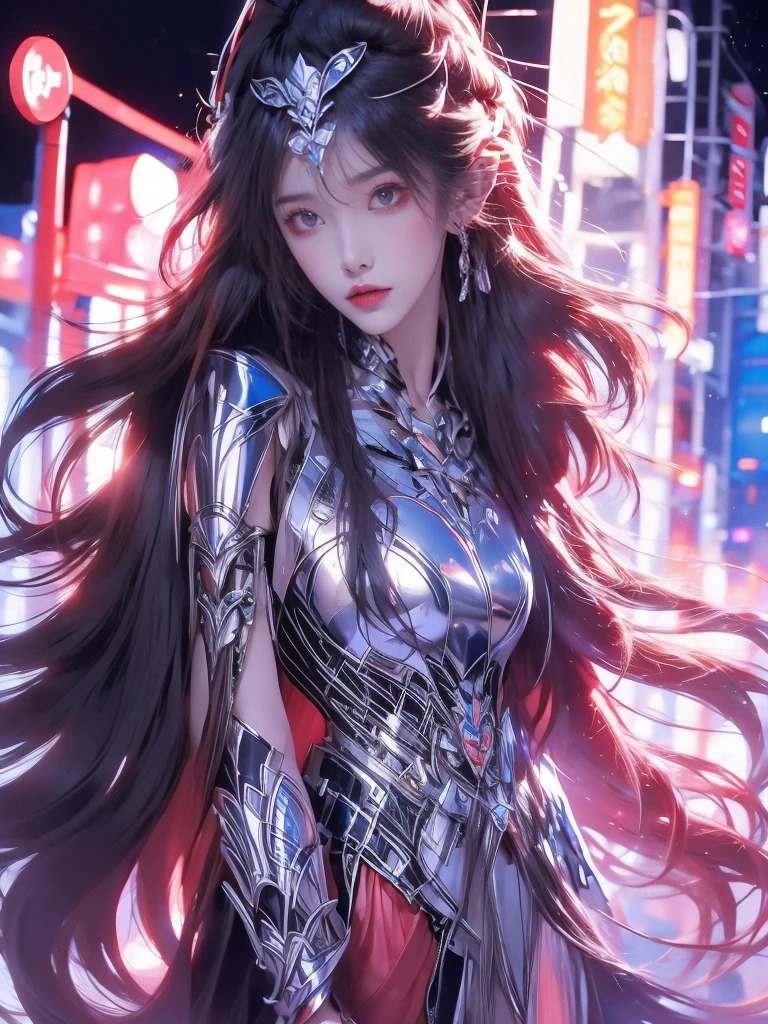 In reality, high resolution, 1 woman, glowing skin, alone, like a jewel, Reddish pink lips, long white hair, eblue eyes, Shut up, Hip hop, Fantasy Armor, holding a knife, wearing heavy armor, battle