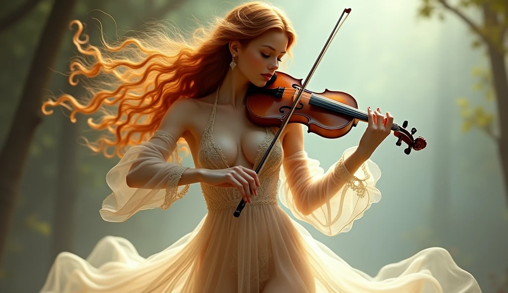 A fantasy, beautiful girl playing violi, she's wearing a transparent dress, she has large breast and long ginger hair, her dress is very low cut revealing cleara,ge