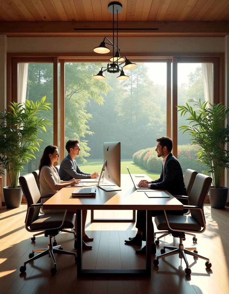 Office room design with wooden floor and large computer on wooden table,As well as office chairs open windows and doors, garden view