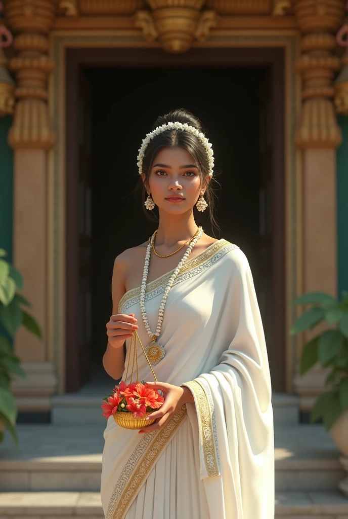 Kerala girl standing wearing white traditional saree and having a white garlet on her head with white small flowers and holding a small hanging basket made with gold filled with red flowers of visiting to kerala temple exposing her nacked breast