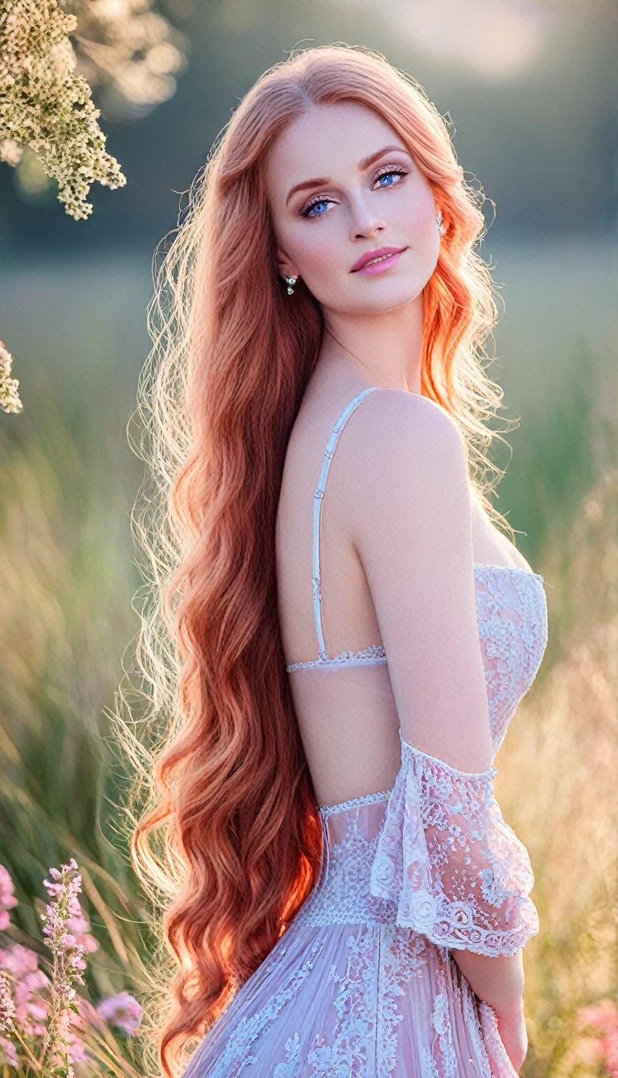 beautiful woman with red hair and white dress standing in a field, eerie moorlands behind her, female humanoid creature, monia merlo, mythical creature, humanoid creature, a mythical creature, fantasy photography, inspired by Maciej Kuciara, a stunning young ethereal figure, realistic fantasy photography, yuri shwedoff and tom bagshaw,