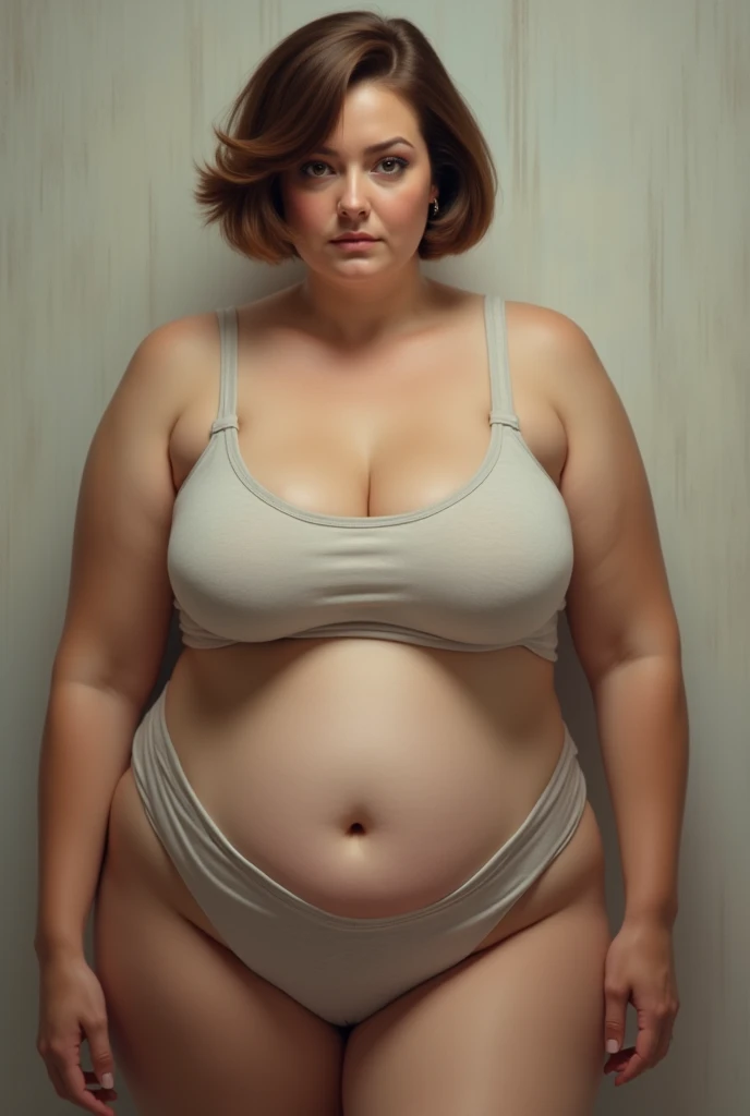 ​masterpiece, best quality, Super Detail, 4K, 1 girl, extremely fat, ssbbw, unhumanly large breasts, enges Tanktop, short shorts, Brown hair, Shy, bent forward.