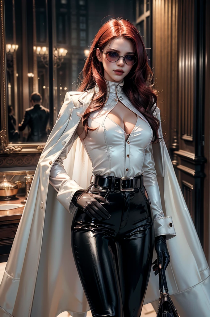 [cowboy shot], a beautiful young woman with long red hair, slim body, thin waist, narrow hips, detailed facial features, ((wearing high quality high waist black leather pants)), ((a formal white colored silk shirt with cleavage and long sleeves)), ((a white fur coat on shoulders)), ((red lining)), ((luxury waist belt)), ((slightly red tinted glasses)), ((black latex gloves)), ((expensive reflective silk scarf)), holding a handbag, hand on waist, (best quality,4k,8k,highres,masterpiece:1.2),ultra-detailed,(realistic,photorealistic,photo-realistic:1.37),high fashion,editorial,dramatic lighting,cinematic,vivid colors,intricate details, glamorous