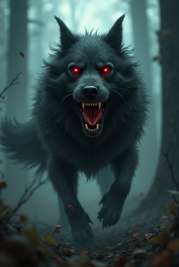 A scary dog possessed by evil spirits looking from a distance