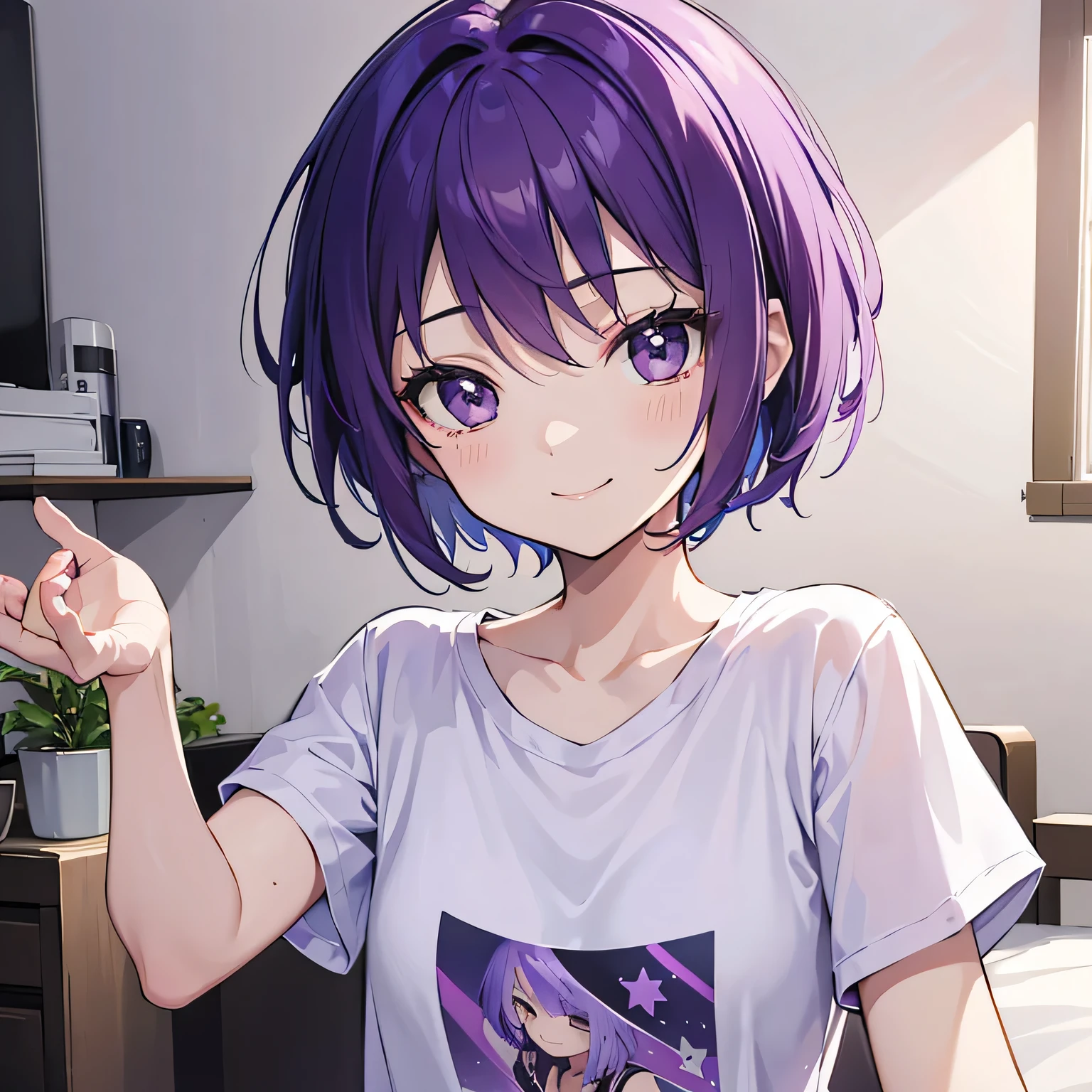 (T Masterpiece,4K wallpaper,Best Quality))、((1people))、(solo)、Bright and Brilliant,(Purple Hair)、(short hair:1.3)、smile、Bedroom、T-Shirts、morning