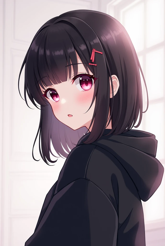 cute character with medium black hair and bangs, white skin and black sweatshirt and pink eyes, anime style for profile picture
