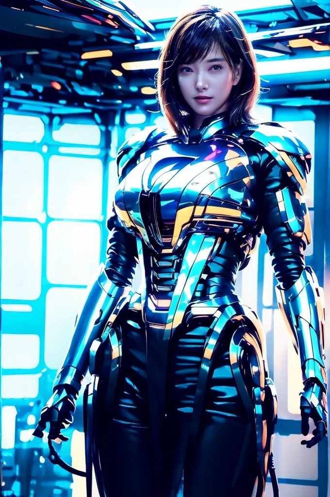 Highest quality, masterpiece, figure, (Realistic, photo-Realistic:1.37), wonderful, In detail, Incredibly absurd, Large file size, Very detailed, High resolution, Very detailed CG Unity 8k wallpaper, Very detailed目と顔, Ray Tracing, Browsing Caution, NUDE, One girl, Korean cyborg girl is innocent and young々Has a sly expression. She poses boldly with her arms raised above her head, Revealing her voluptuous figure. She is wearing a small black mecha armor top that barely covers her breasts., Exposing most of her flawless skin. Her shoulders and head have more armor detailing.、There are shining highlights, Tech Panels and Mechanisms. She is standing against a futuristic cityscape lit up with vibrant neon lights.、Standing full of energy。.
