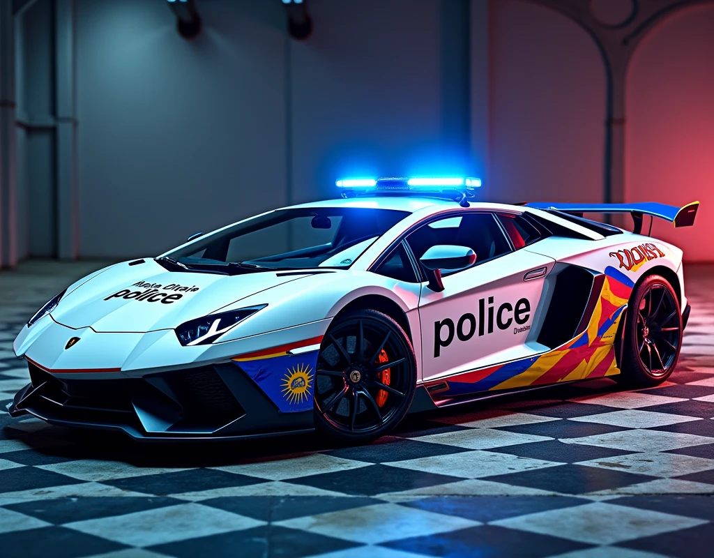 Lamborghini white car, siren blue red. Chequered Flag blue yellow stripeon the lower door." Police Diraja Malaysia "stripe on the car.