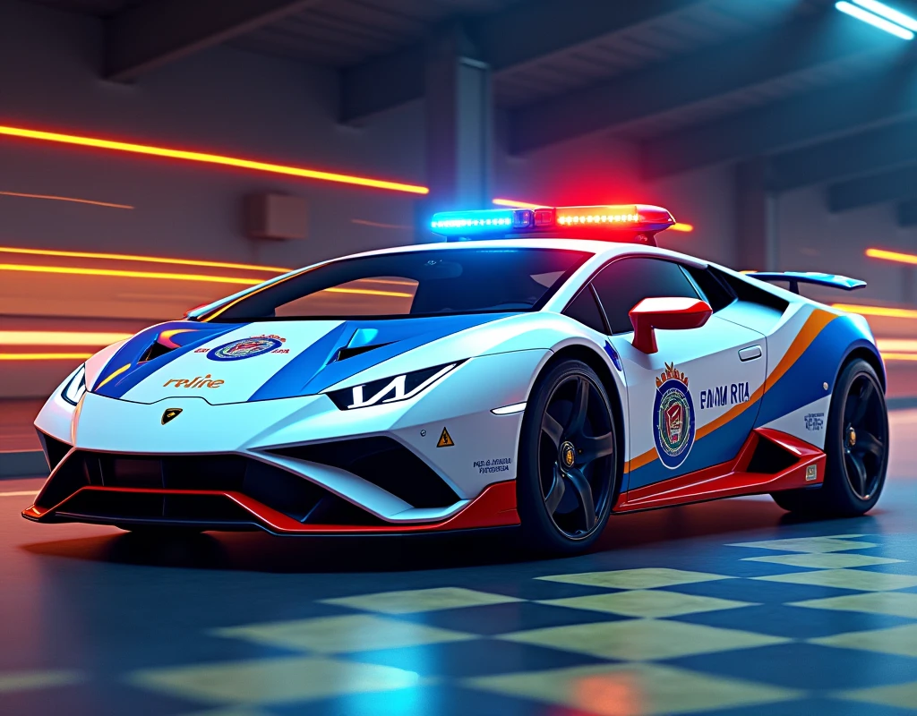 Lamborghini white car, siren blue red. Chequered Flag blue yellow stripeon the lower door." Police Diraja Malaysia "stripe on the car.
